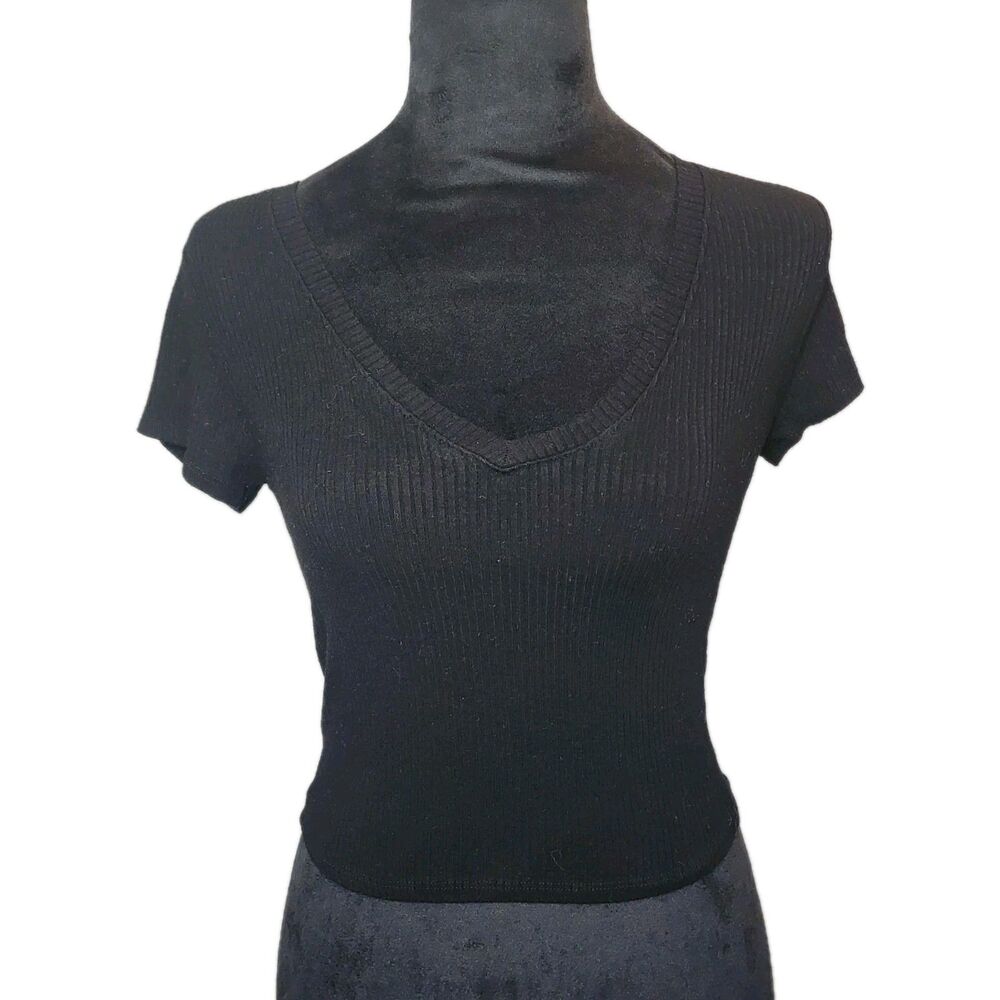 Bozzolo Black Ribbed Short Sleeve Crop Top Women's Sz Small Y2K Athliesure 90s